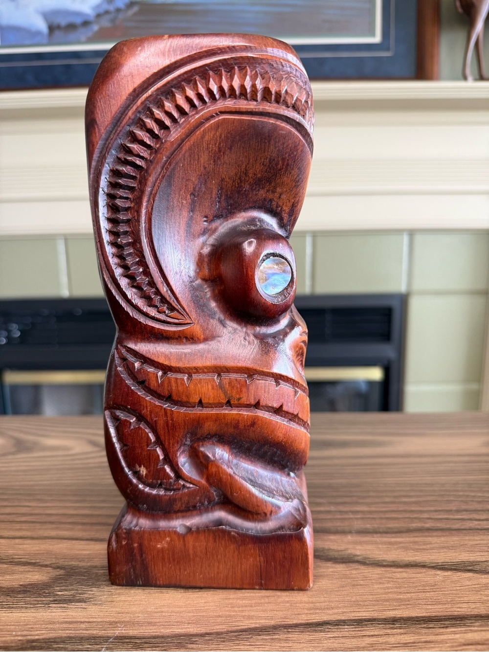 Vintage  Hand Carved Māori Tiki Paua Shell Eyes New Zealand 9”